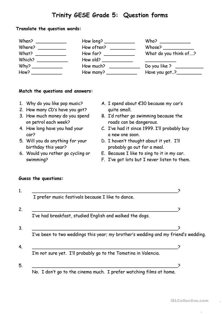 Question Forms: Trinity Grade 5 Worksheet - Free Esl Printable | Printable Worksheets For Grade 5