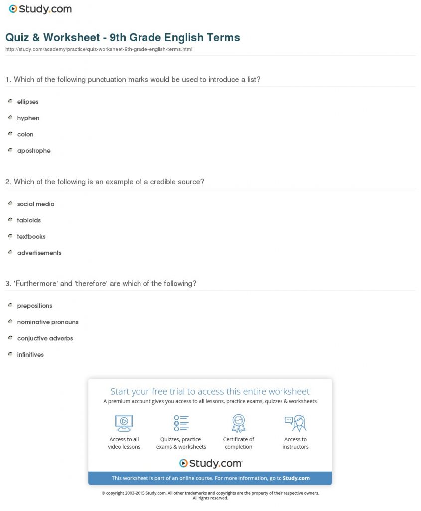 Quiz & Worksheet - 9Th Grade English Terms | Study - 9Th Grade | Free
