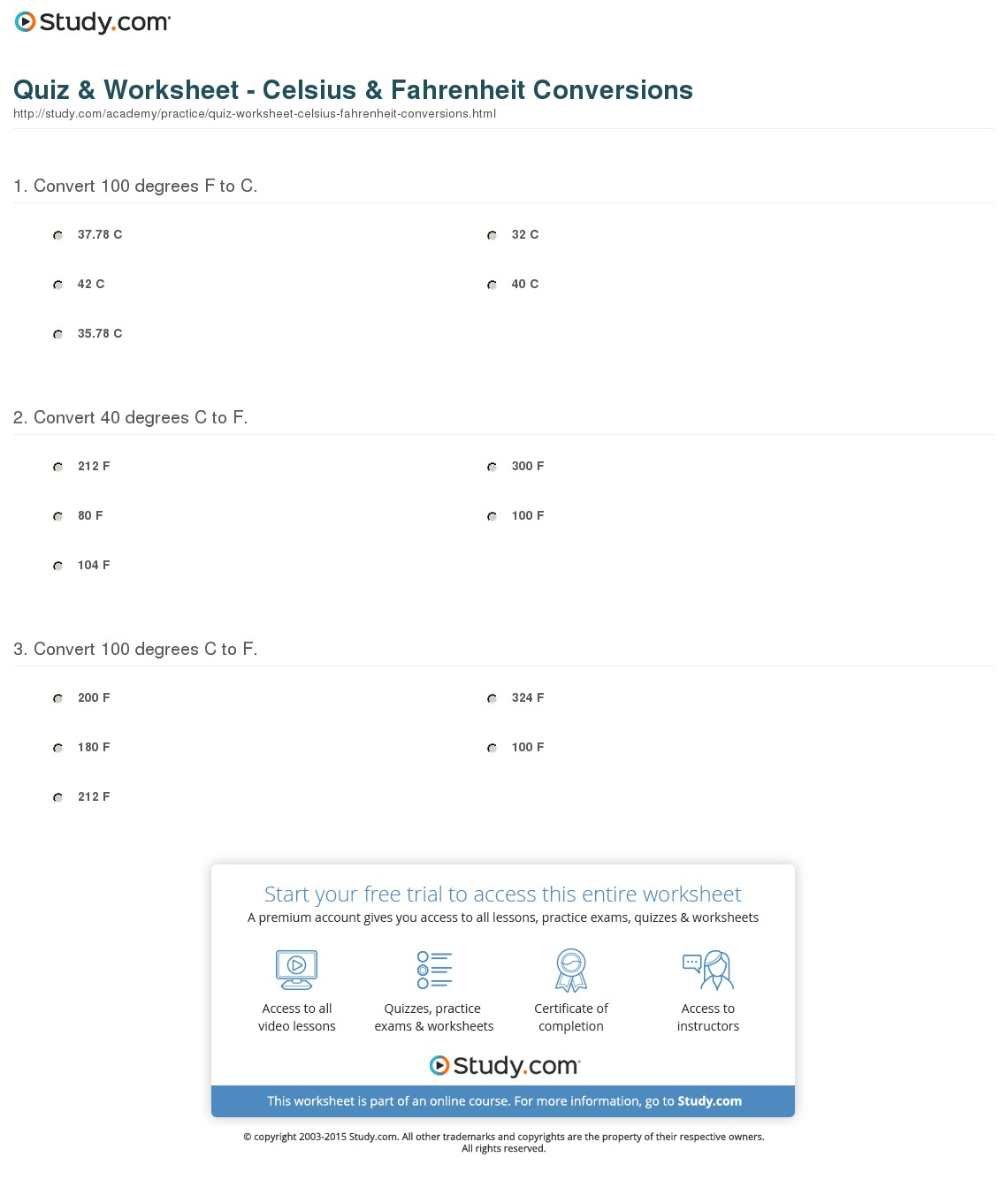 Quiz &amp;amp; Worksheet - Celsius &amp;amp; Fahrenheit Conversions | Study | Temperature Conversion Worksheets Printable