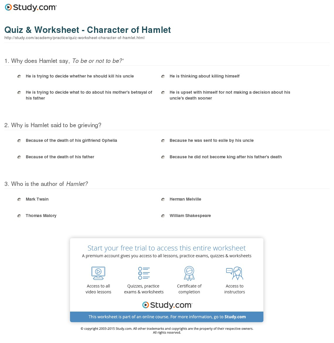 Quiz &amp; Worksheet - Character Of Hamlet | Study | Hamlet Printable Worksheets