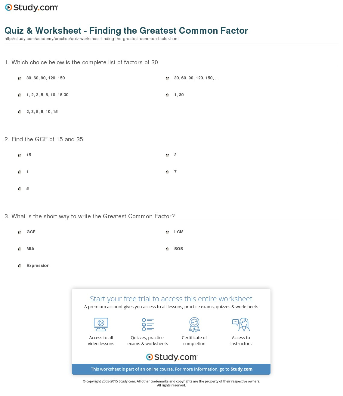 Quiz &amp;amp; Worksheet - Finding The Greatest Common Factor | Study - Free | Free Printable Greatest Common Factor Worksheets
