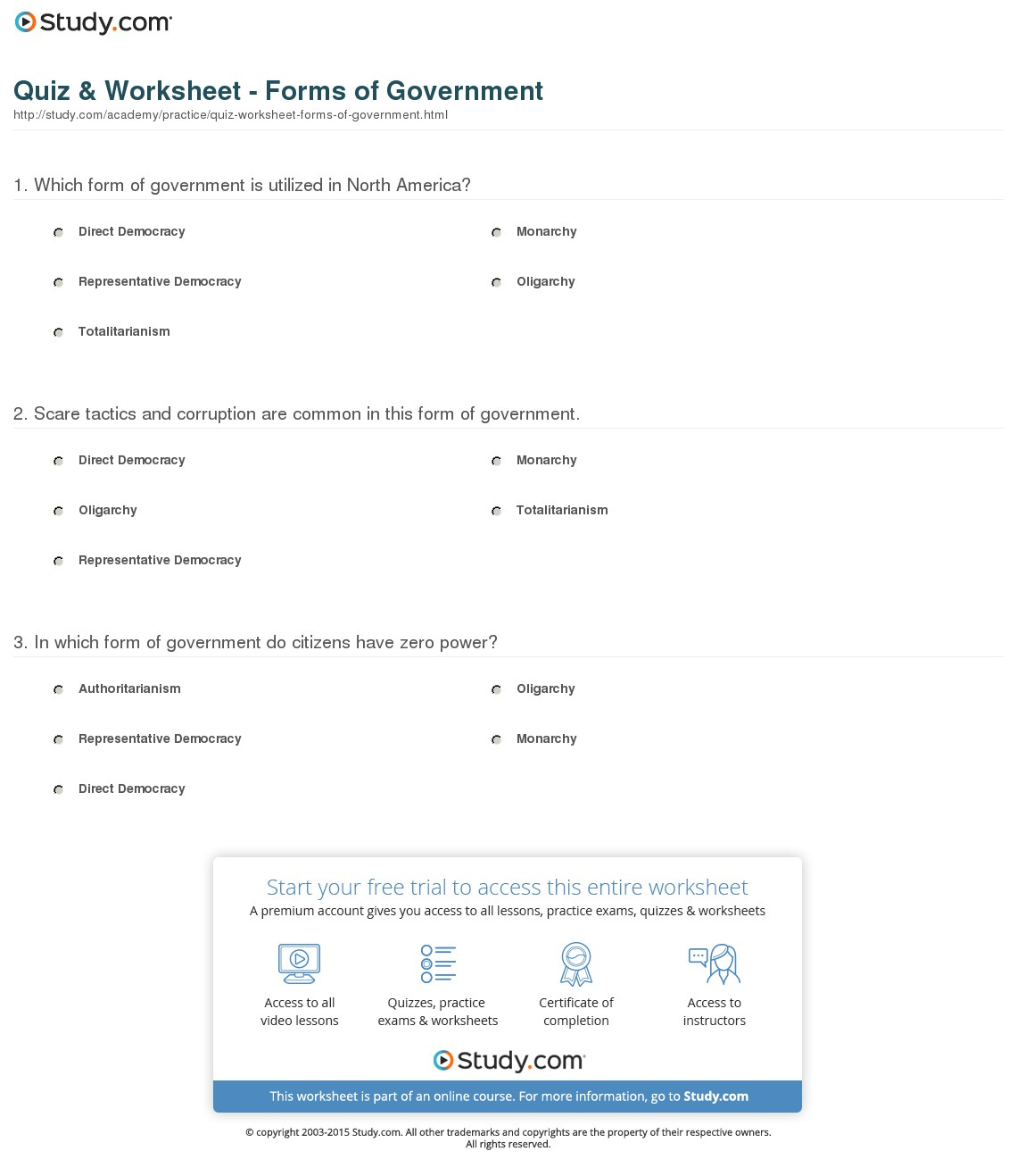 Quiz &amp;amp; Worksheet - Forms Of Government | Study | Types Of Government Worksheets Printable