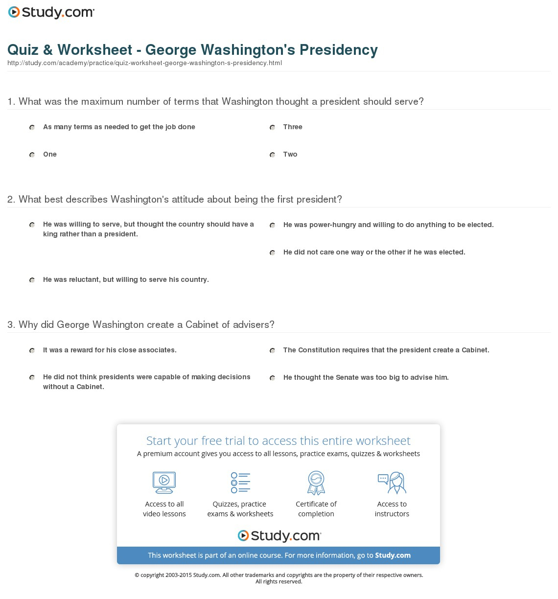 Quiz &amp;amp; Worksheet - George Washington&amp;#039;s Presidency | Study | George Washington Printable Worksheets