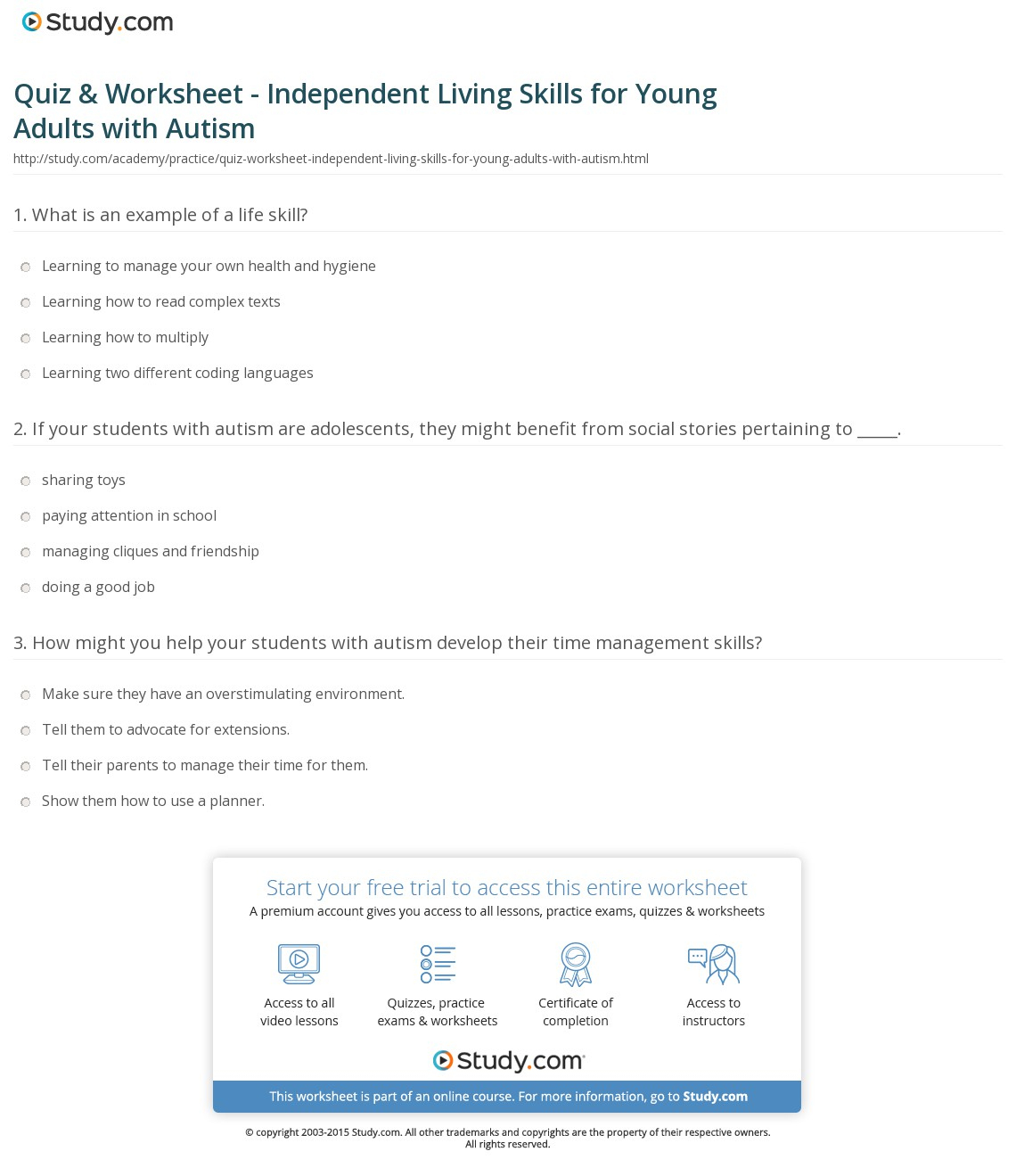 Quiz &amp;amp; Worksheet - Independent Living Skills For Young Adults With | Free Printable Independent Life Skills Worksheets