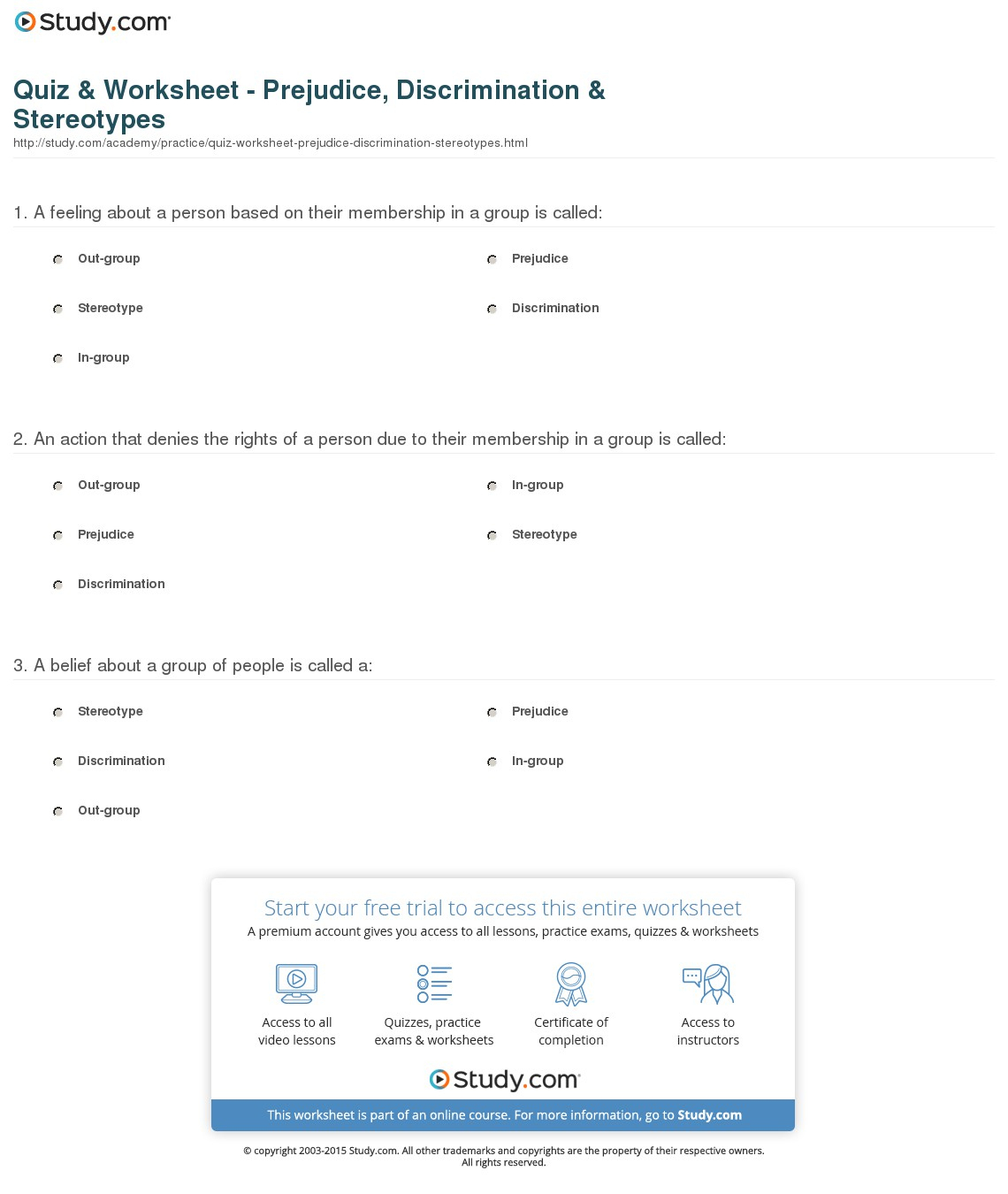 Quiz &amp;amp; Worksheet - Prejudice, Discrimination &amp;amp; Stereotypes | Study | Stereotypes Printable Worksheets