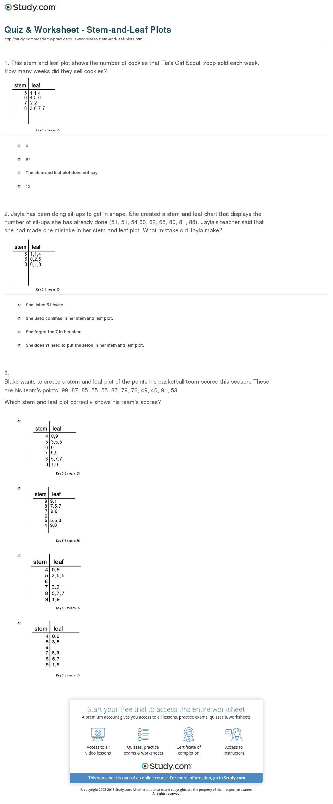 Quiz &amp;amp; Worksheet - Stem-And-Leaf Plots | Study | Stem And Leaf Plot Printable Worksheets