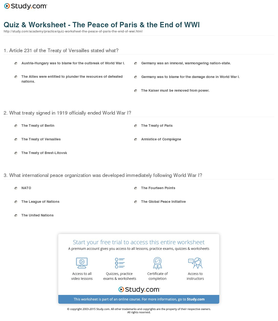 Quiz &amp;amp; Worksheet - The Peace Of Paris &amp;amp; The End Of Wwi | Study | World History Printable Worksheets