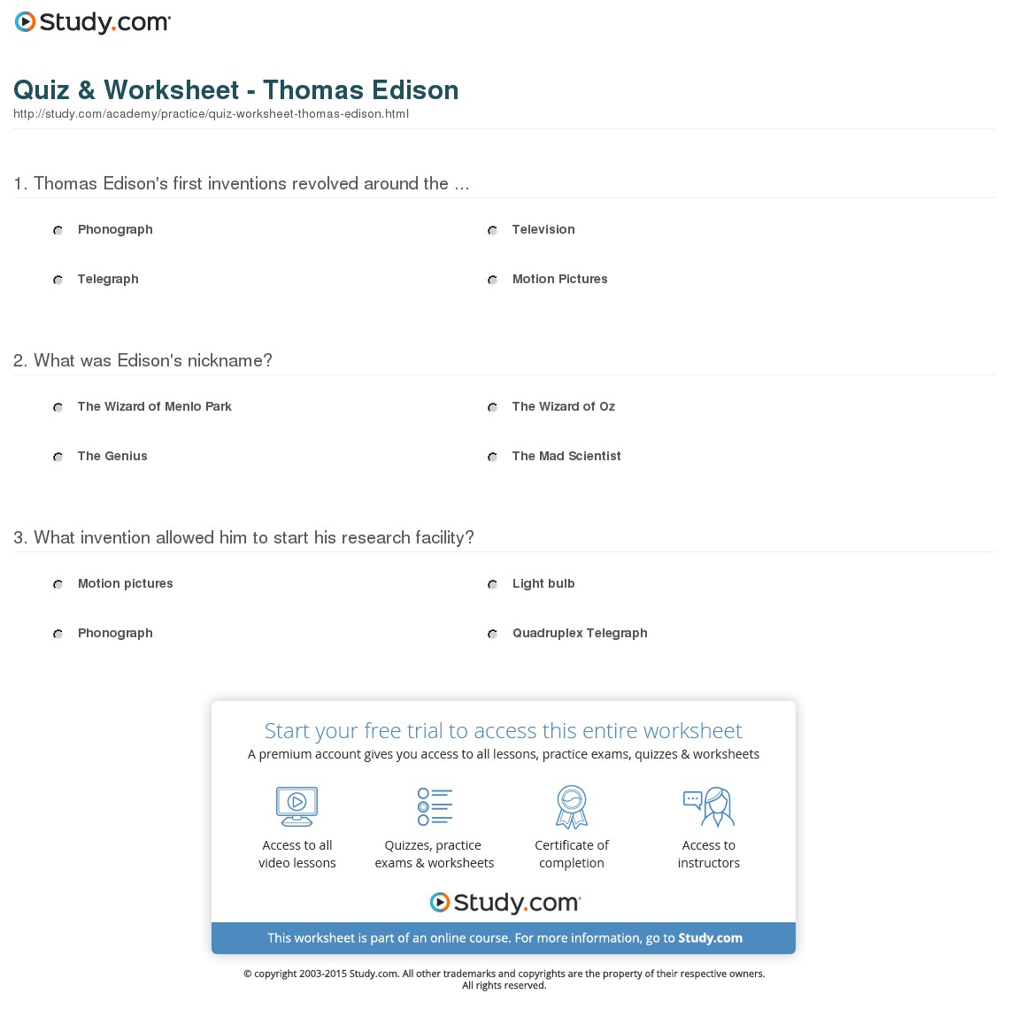 Quiz &amp;amp; Worksheet - Thomas Edison | Study | Thomas Edison Printable Worksheets