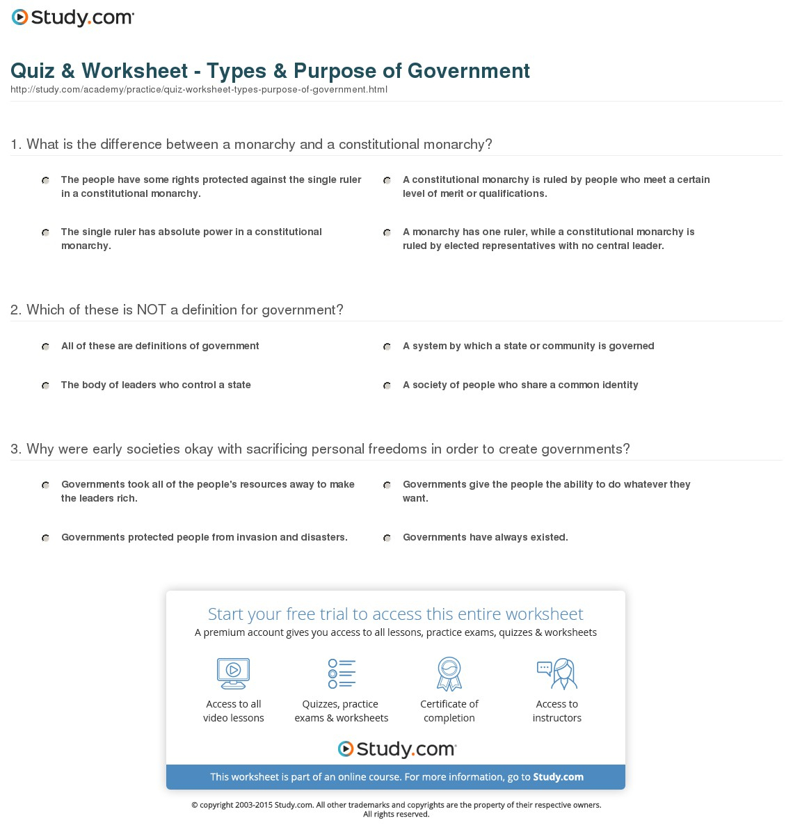 Quiz &amp;amp; Worksheet - Types &amp;amp; Purpose Of Government | Study | Types Of Government Worksheets Printable