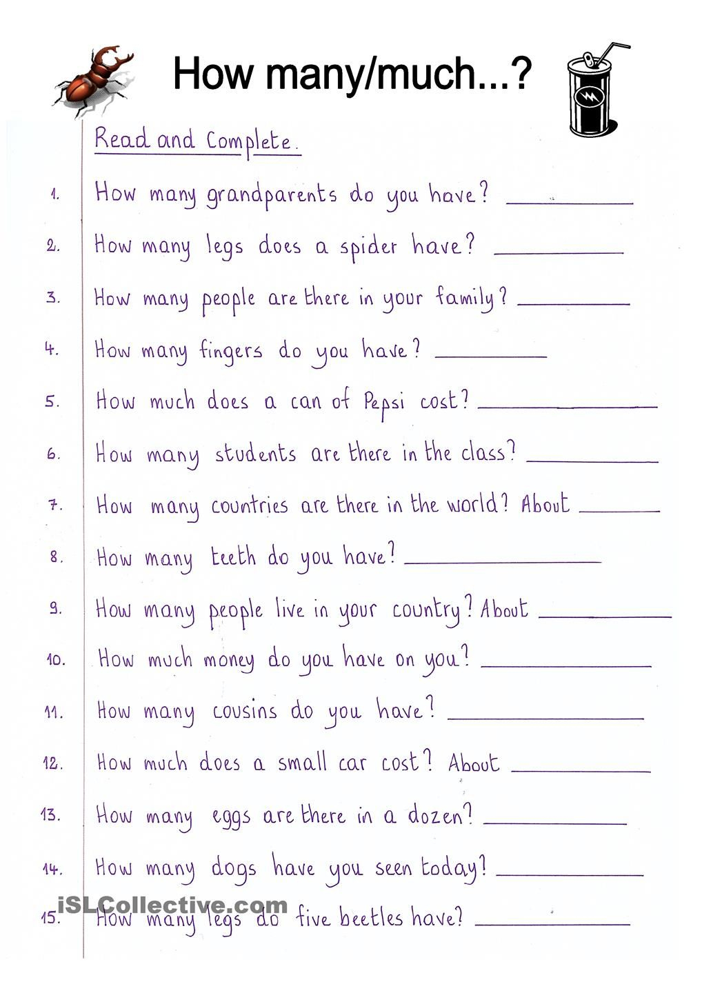 Read And Complete - How Much/many | This Be My Teaching Skills | How Many How Much Worksheets Printable