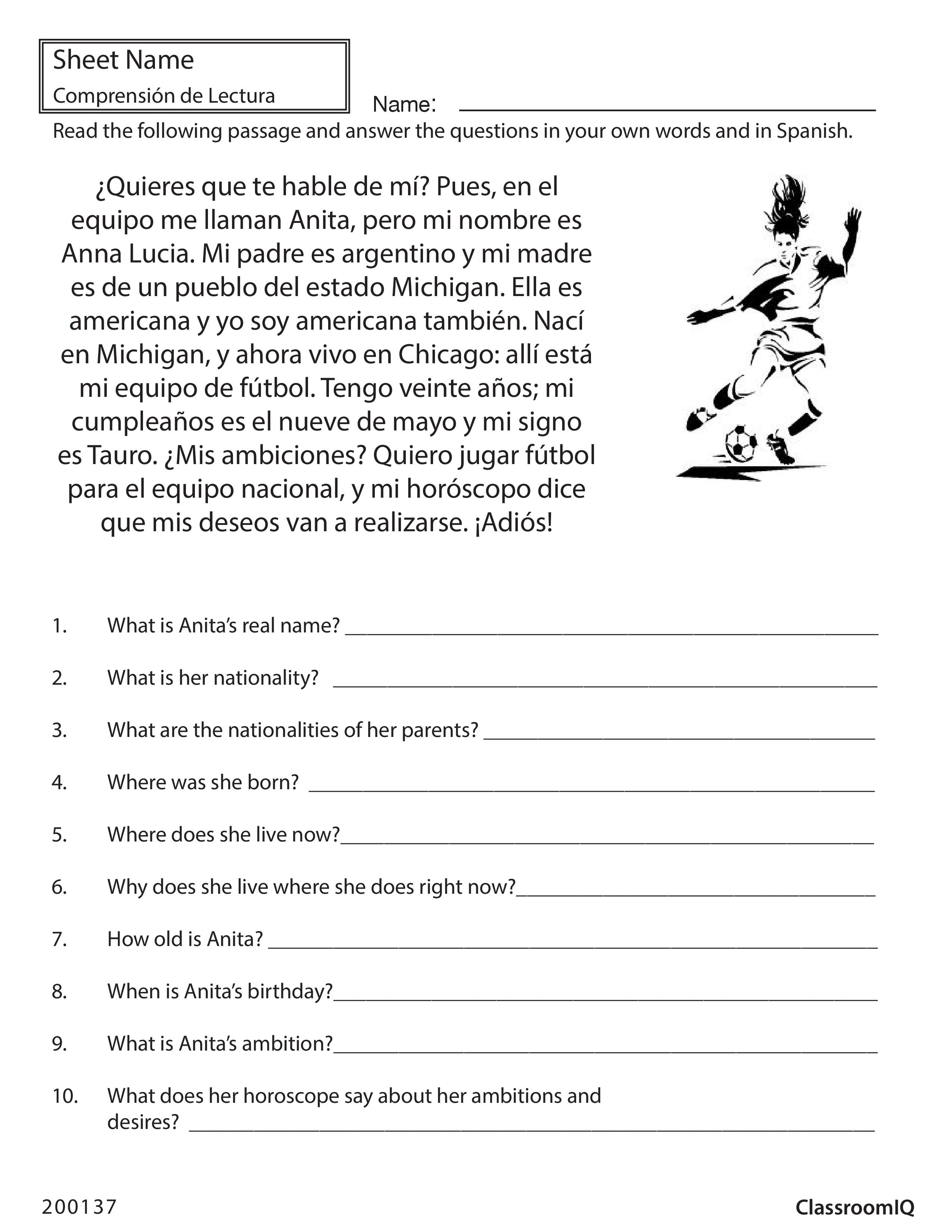 Read Spanish Passage And Answer Questions In English | Free Printable Middle School Reading Comprehension Worksheets