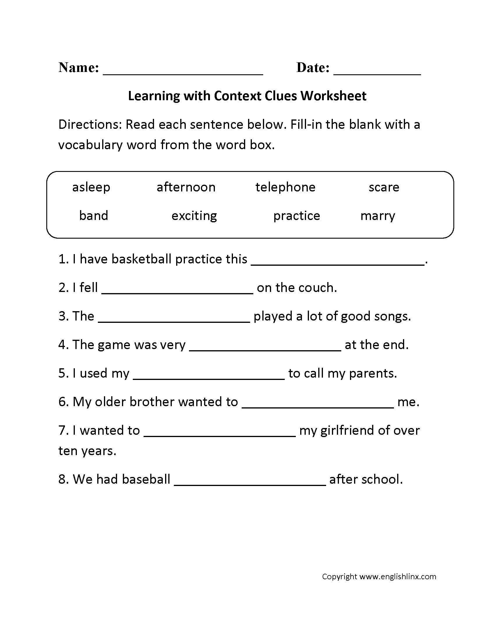 Reading Worksheets | Context Clues Worksheets | Grade 7 Vocabulary Worksheets Printable