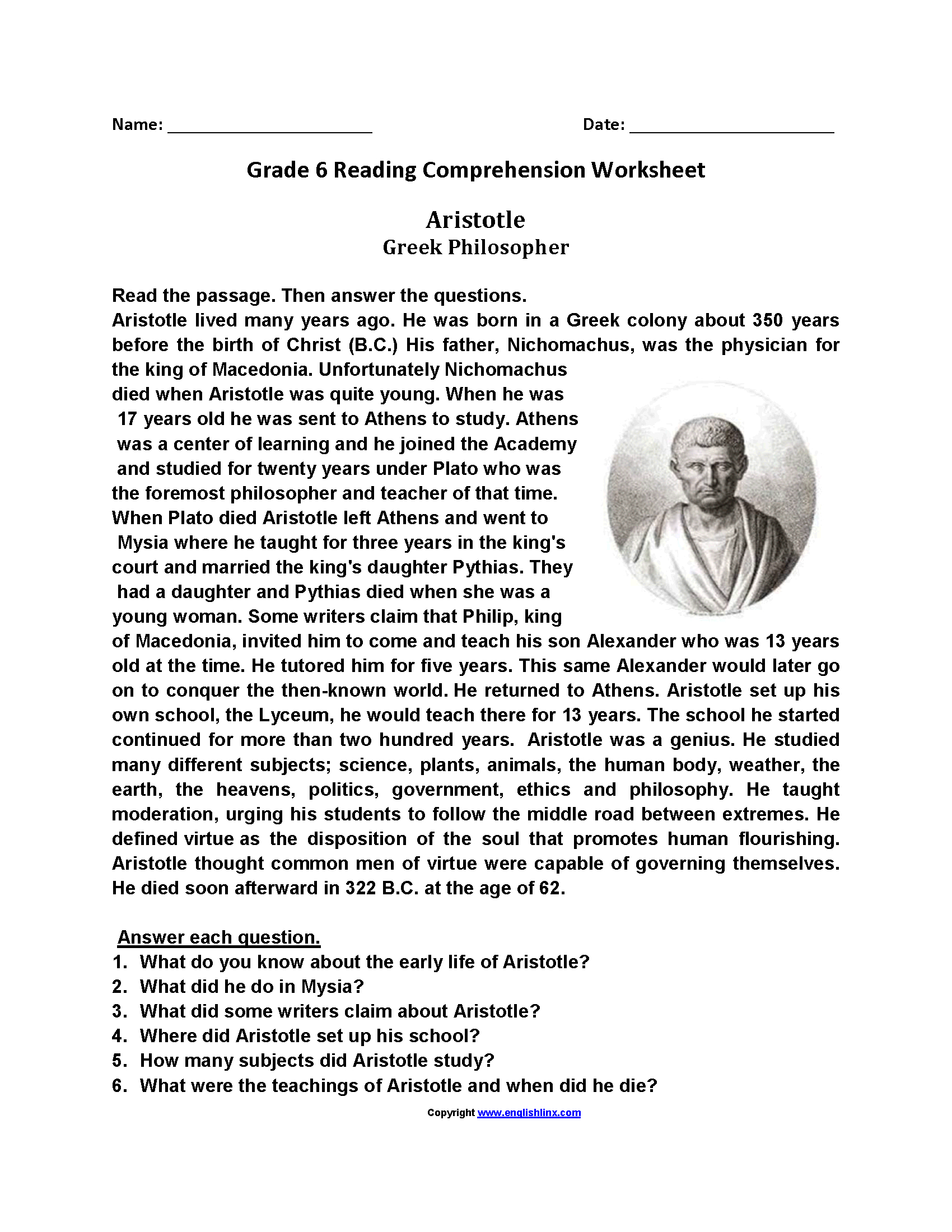 Reading Worksheets | Sixth Grade Reading Worksheets | Printable Comprehension Worksheets For Grade 6
