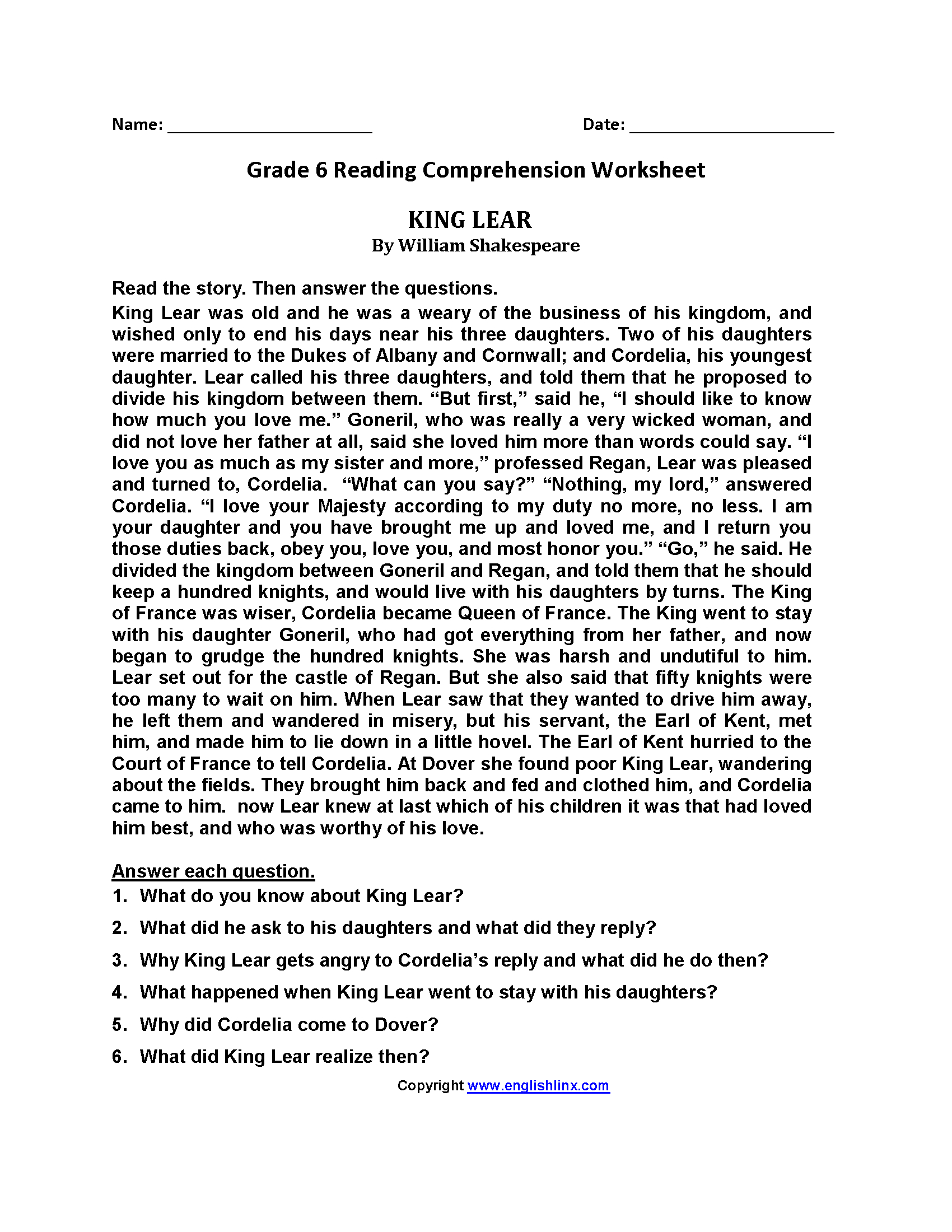 Reading Worksheets | Sixth Grade Reading Worksheets | Printable Comprehension Worksheets For Grade 6