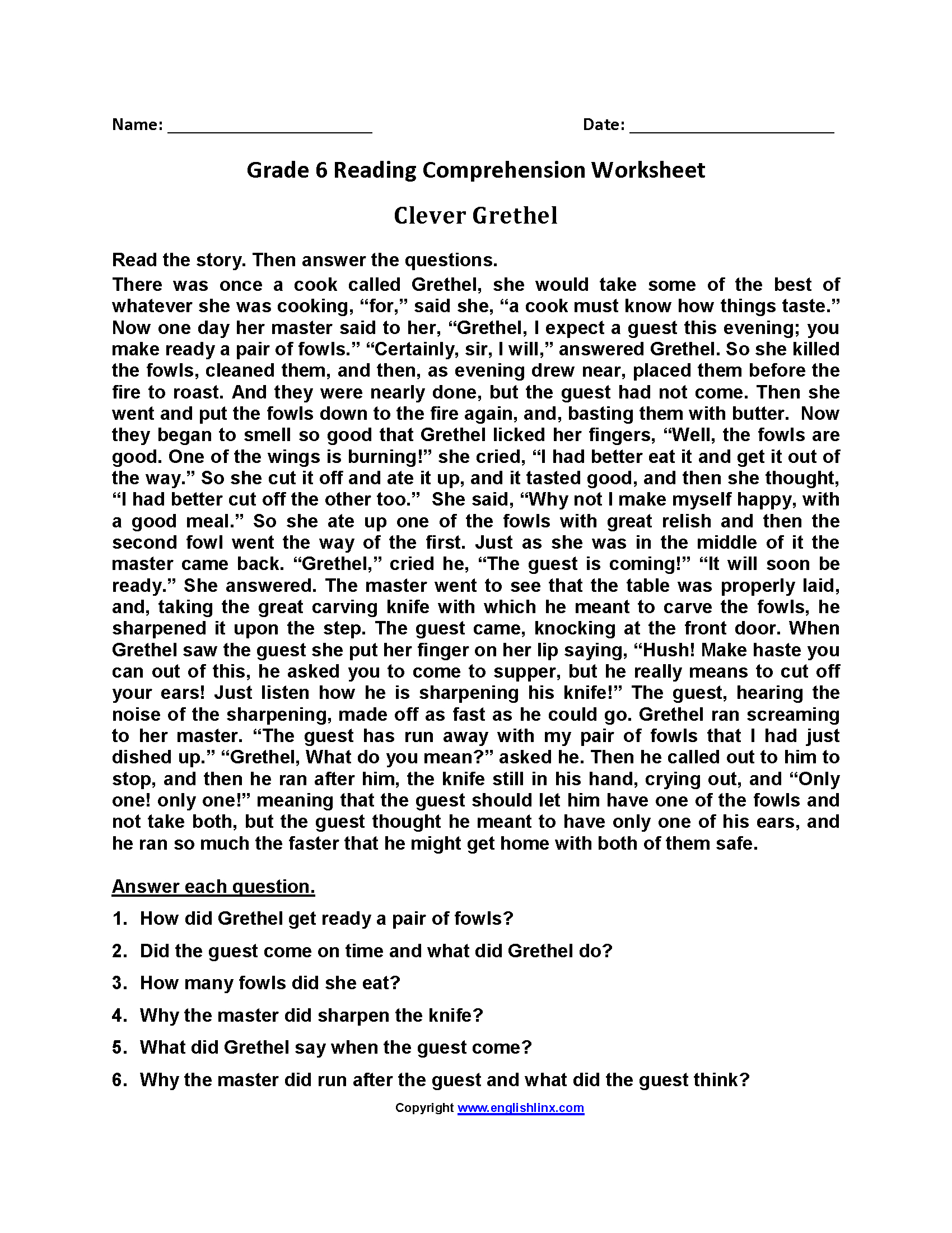 Reading Worksheets | Sixth Grade Reading Worksheets | Reading Worksheets For 6Th Grade Printable