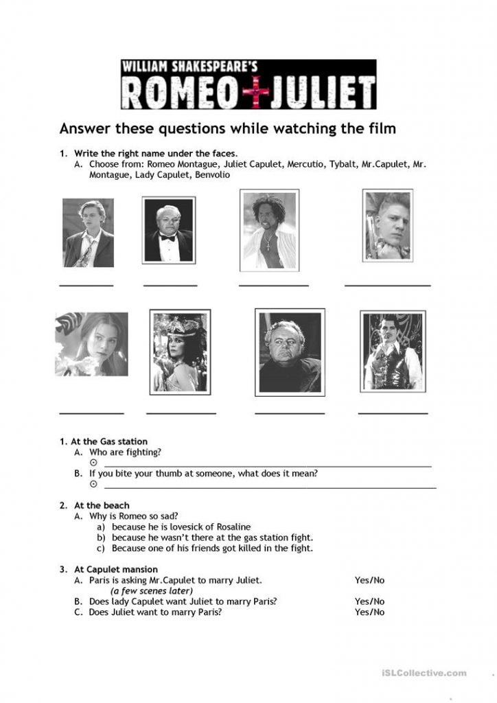 Romeo &amp; Juliet Worksheet - Free Esl Printable Worksheets Made | Romeo ...