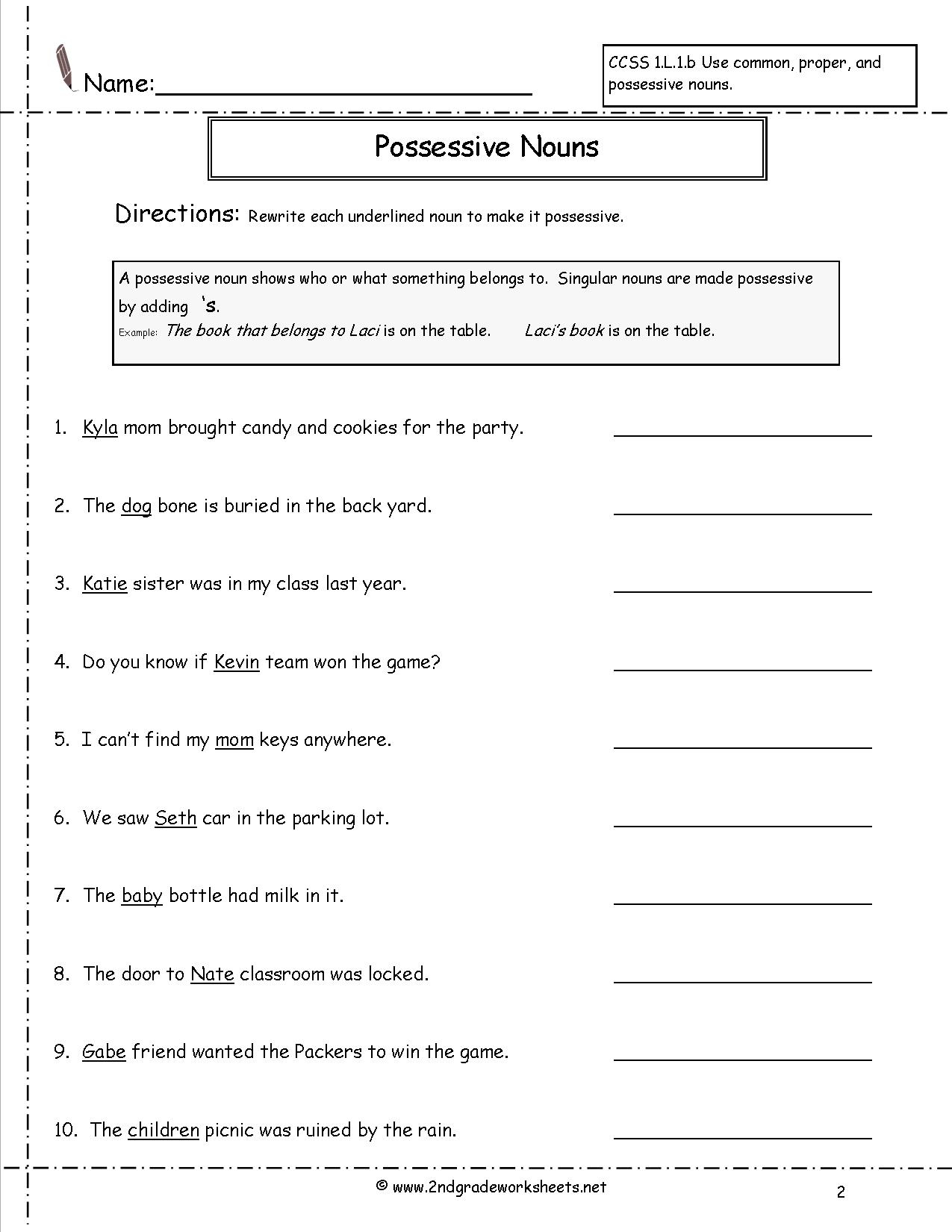 Second Grade Possessive Nouns Worksheets Possessive Pronouns 