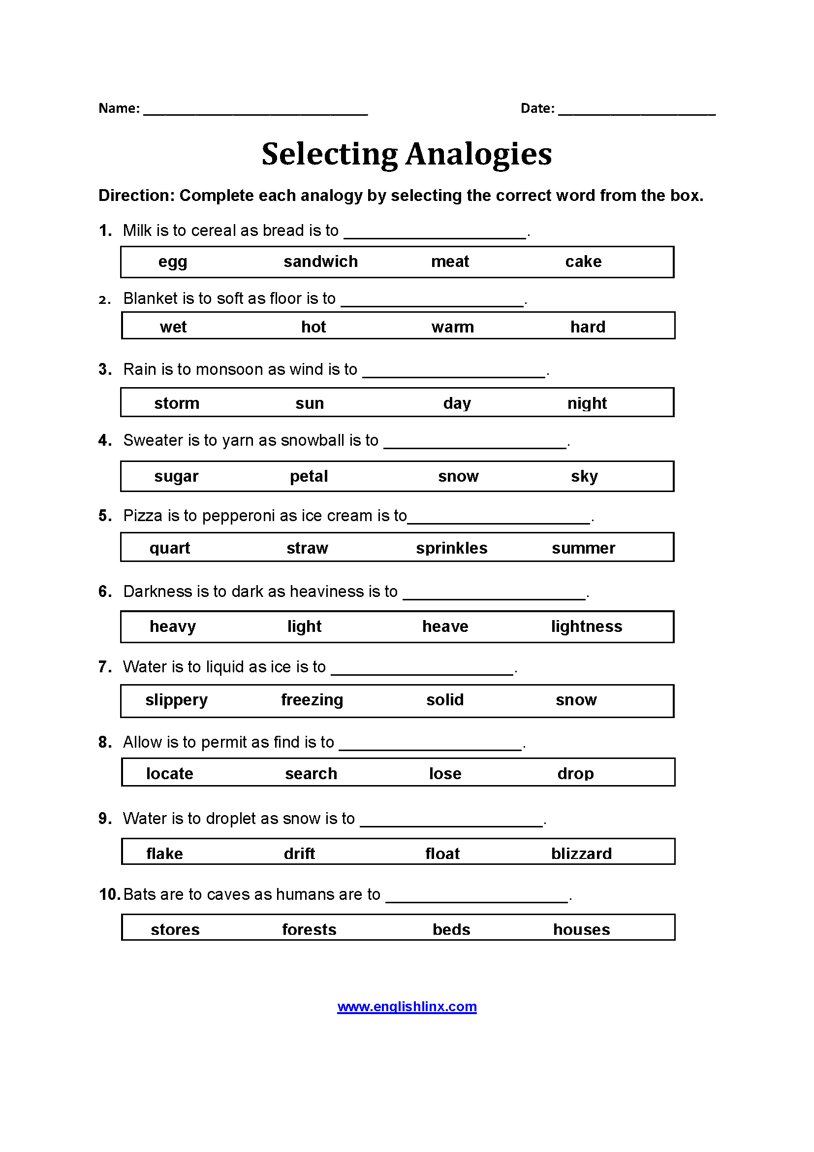 Selecting Analogy Worksheets | School | Worksheets | Analogy Worksheets For Middle School Printables