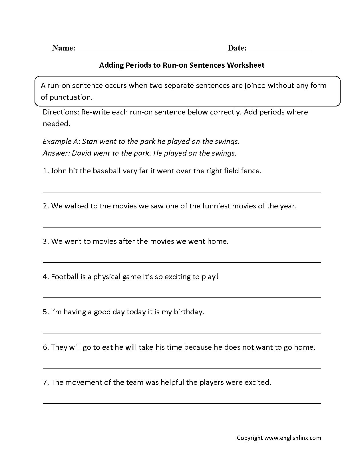 Sentences Worksheets | Run On Sentences Worksheets - Free Printable | Free Printable Sentence Correction Worksheets