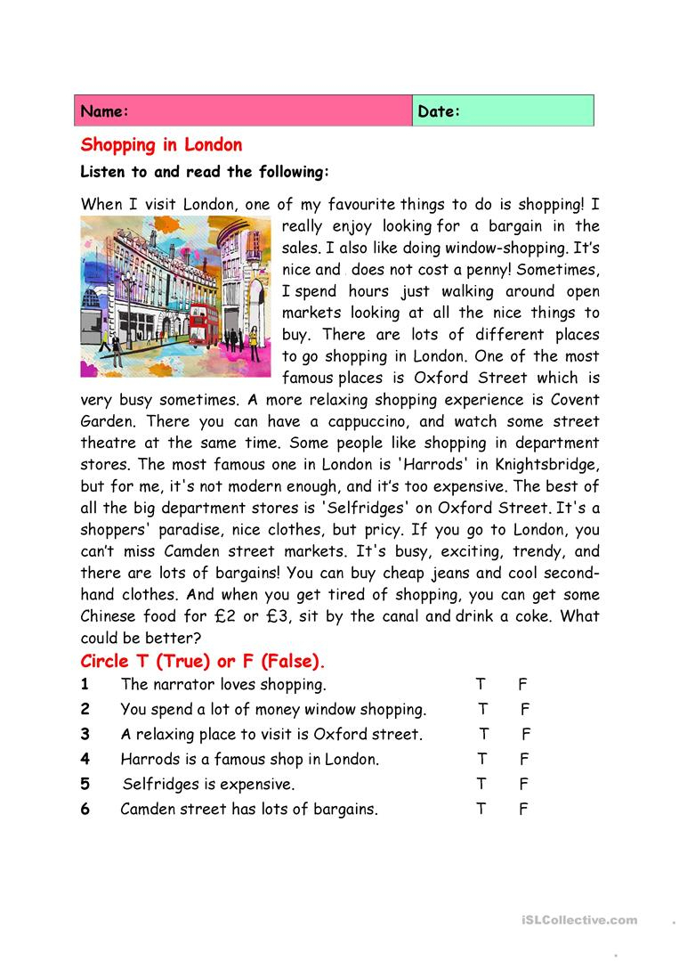 Shopping In London Worksheet - Free Esl Printable Worksheets Made | London Worksheets Printable