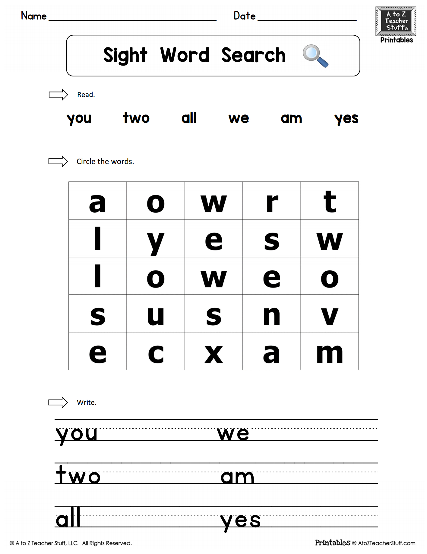 Sight Words Practice Word Search: You, Two, We, All, Am, Yes | A To | Dolch Words Worksheets Free Printable