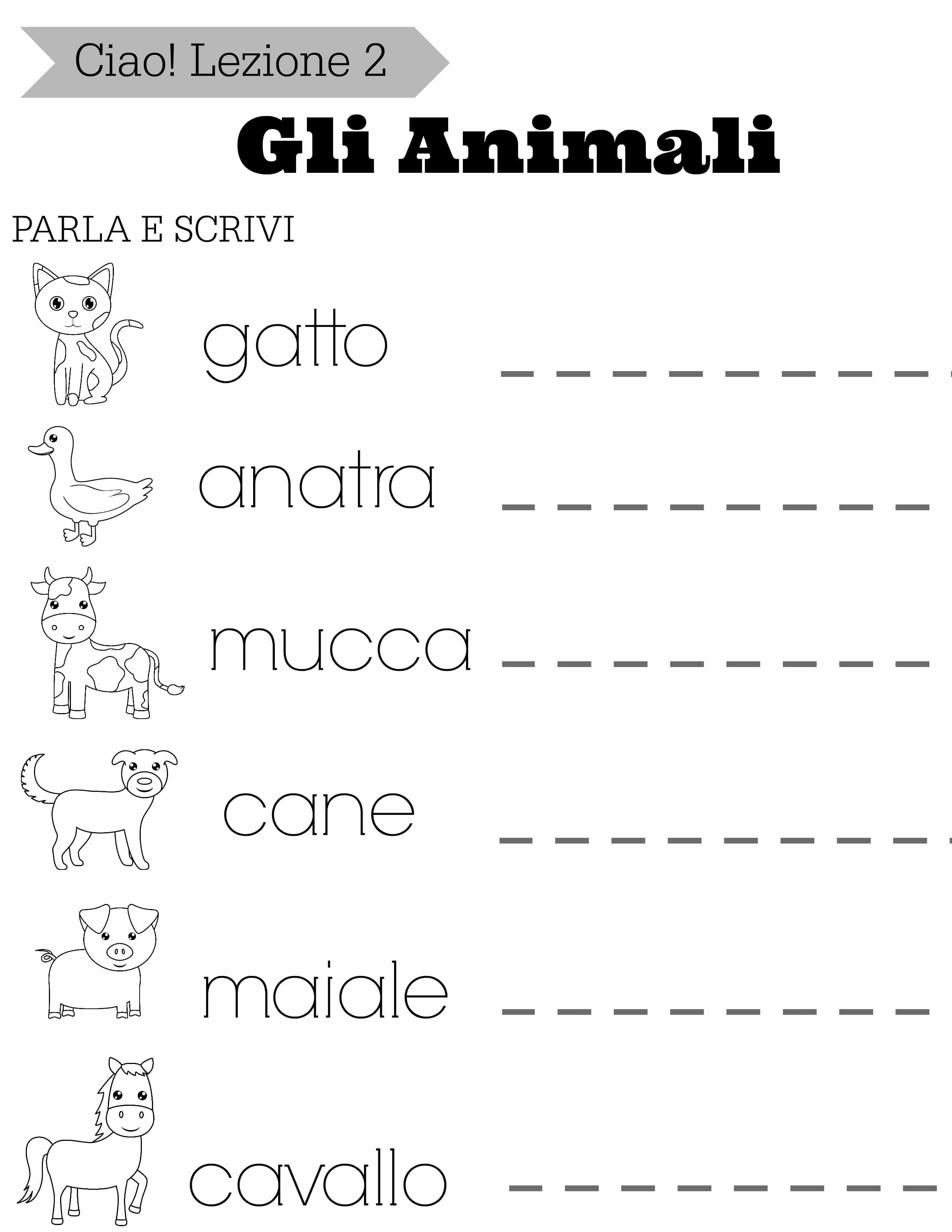 Simple Italian Lessons For Kids: Lezione 2 - Gli Animali | Italian Worksheets For Beginners Printable
