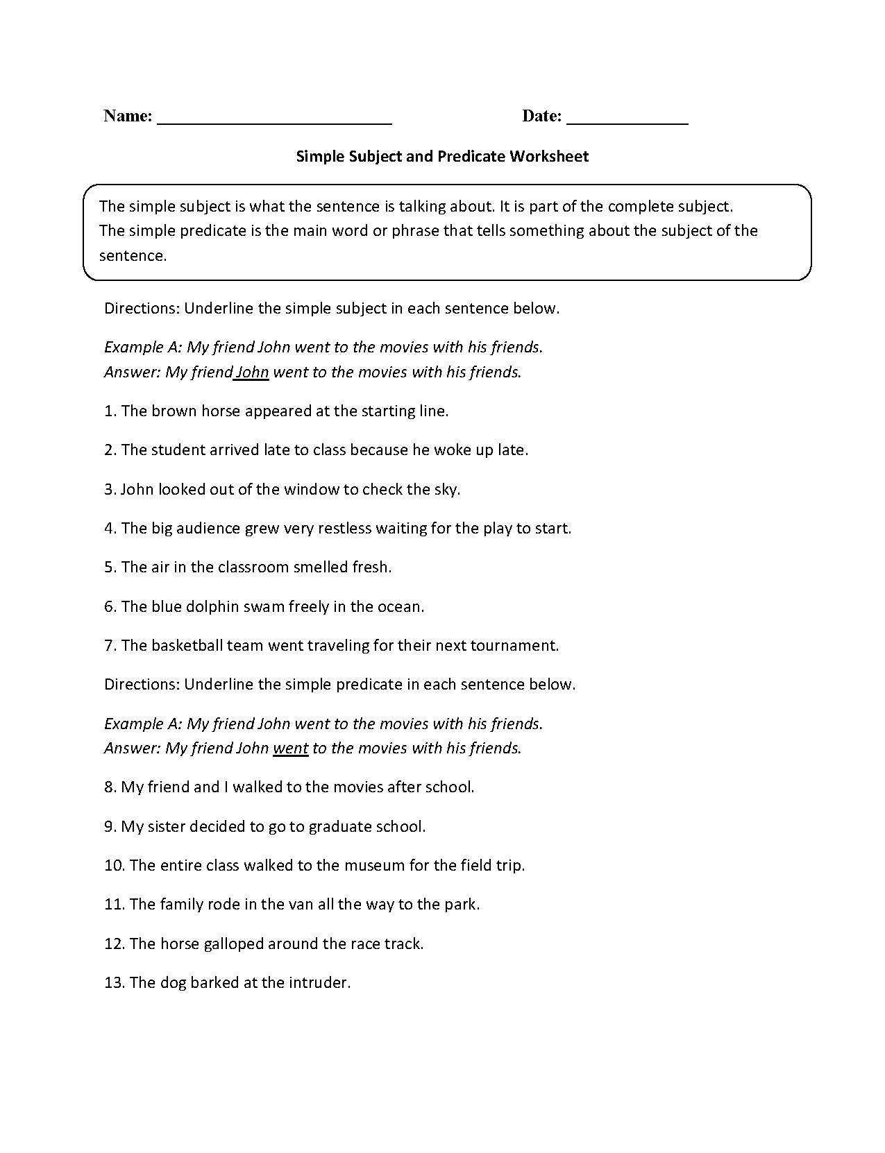 Subject And Predicate Live Worksheet Grade 6