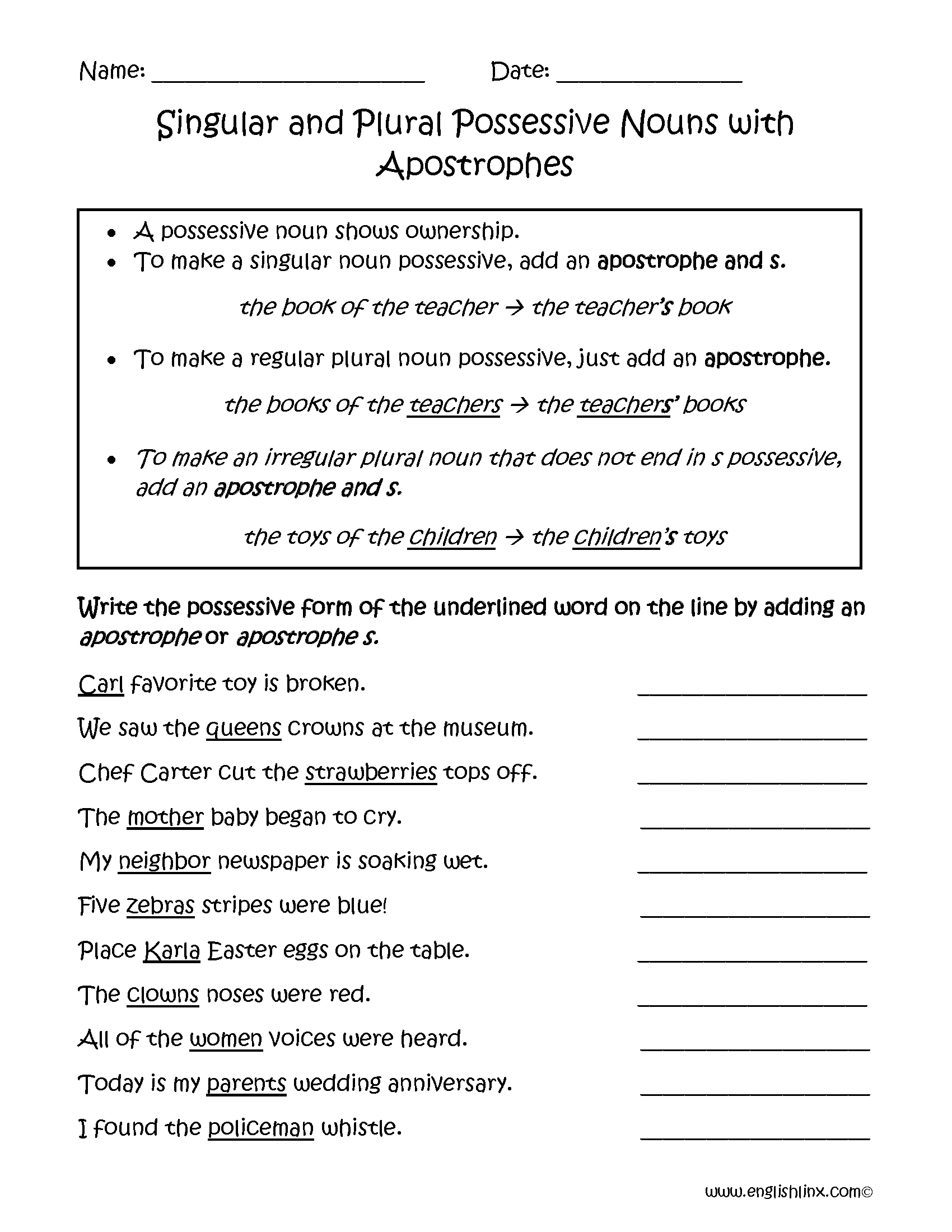 Possessive Noun Worksheet Grade 5