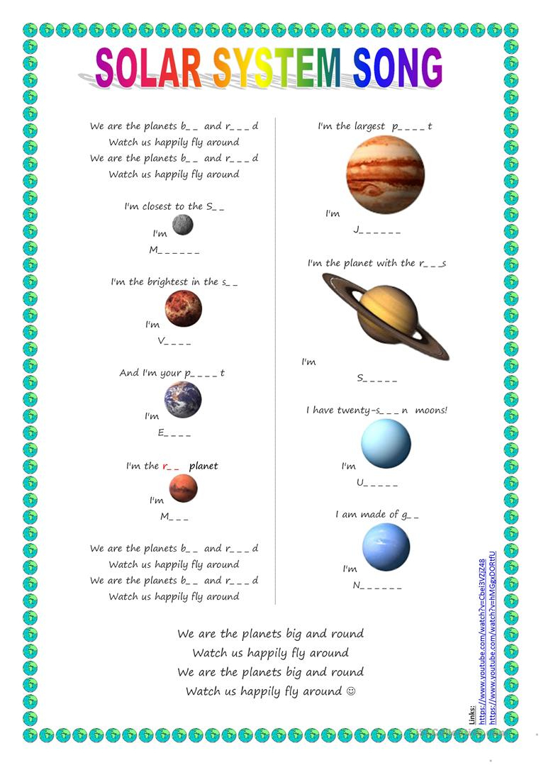 Song For Kids: Planets / Solar System Song Worksheet - Free Esl | Free Printable Solar System Worksheets