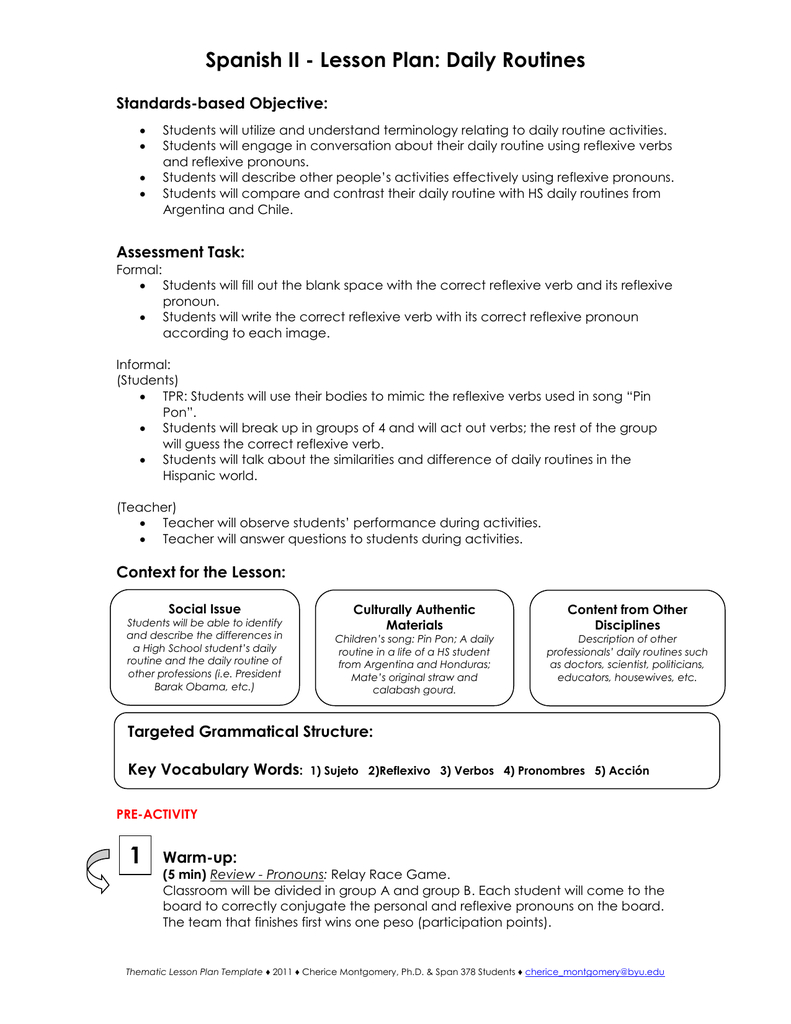 Spanish Ii - Lesson Plan: Daily Routines | Reflexive Verbs In Spanish Printable Worksheets