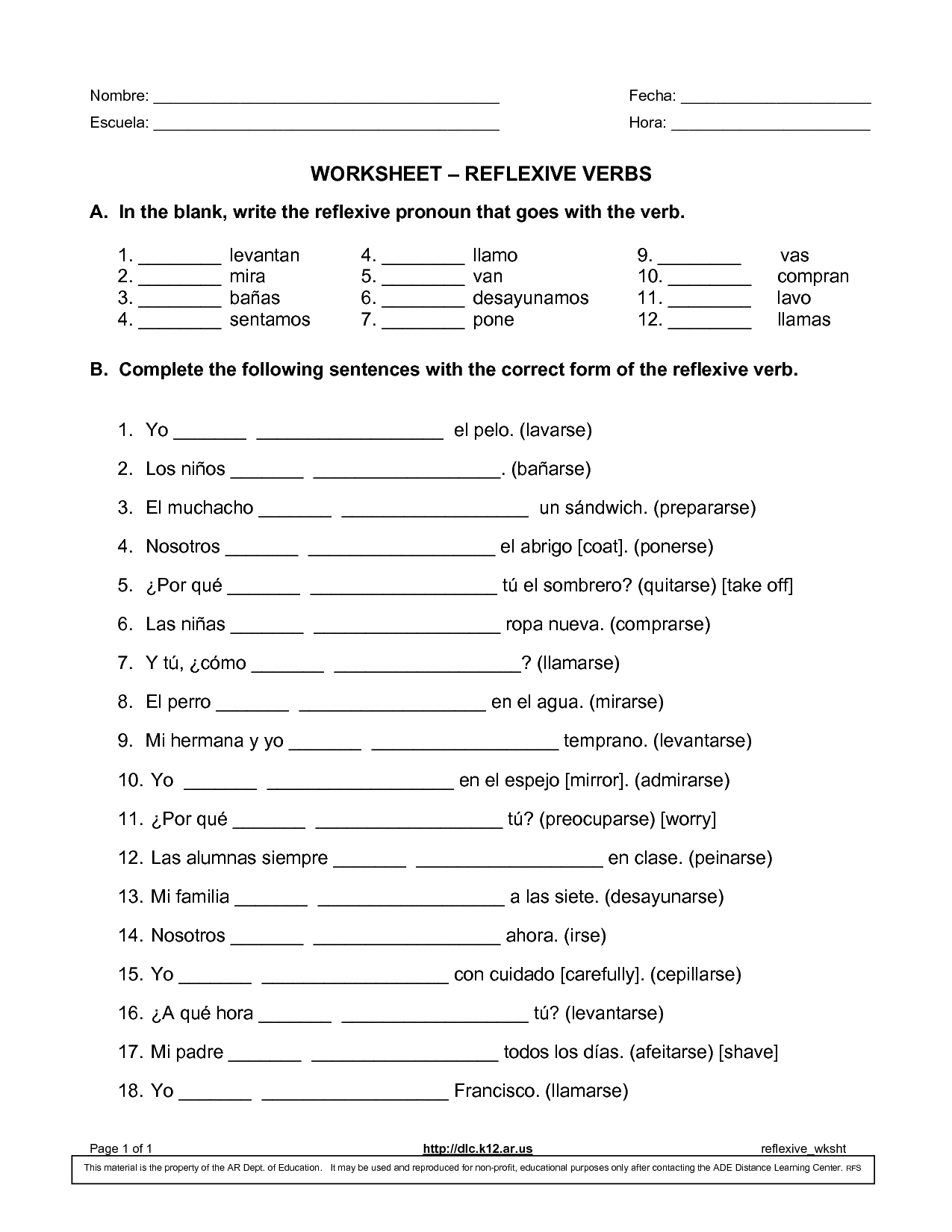 Spanish Reflexive Verbs Worksheet | El Español | Verb Worksheets | Reflexive Verbs In Spanish Printable Worksheets