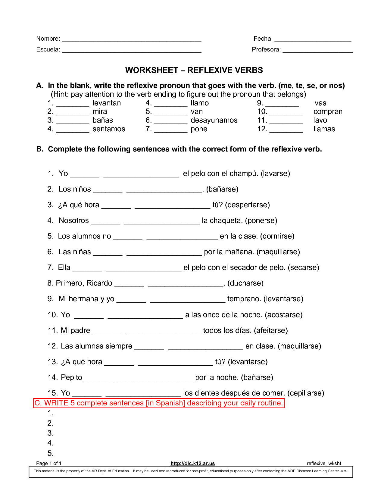 Spanish Reflexives, Commands, &amp;amp; Pronoun Placement - Lessons - Tes | Reflexive Verbs In Spanish Printable Worksheets
