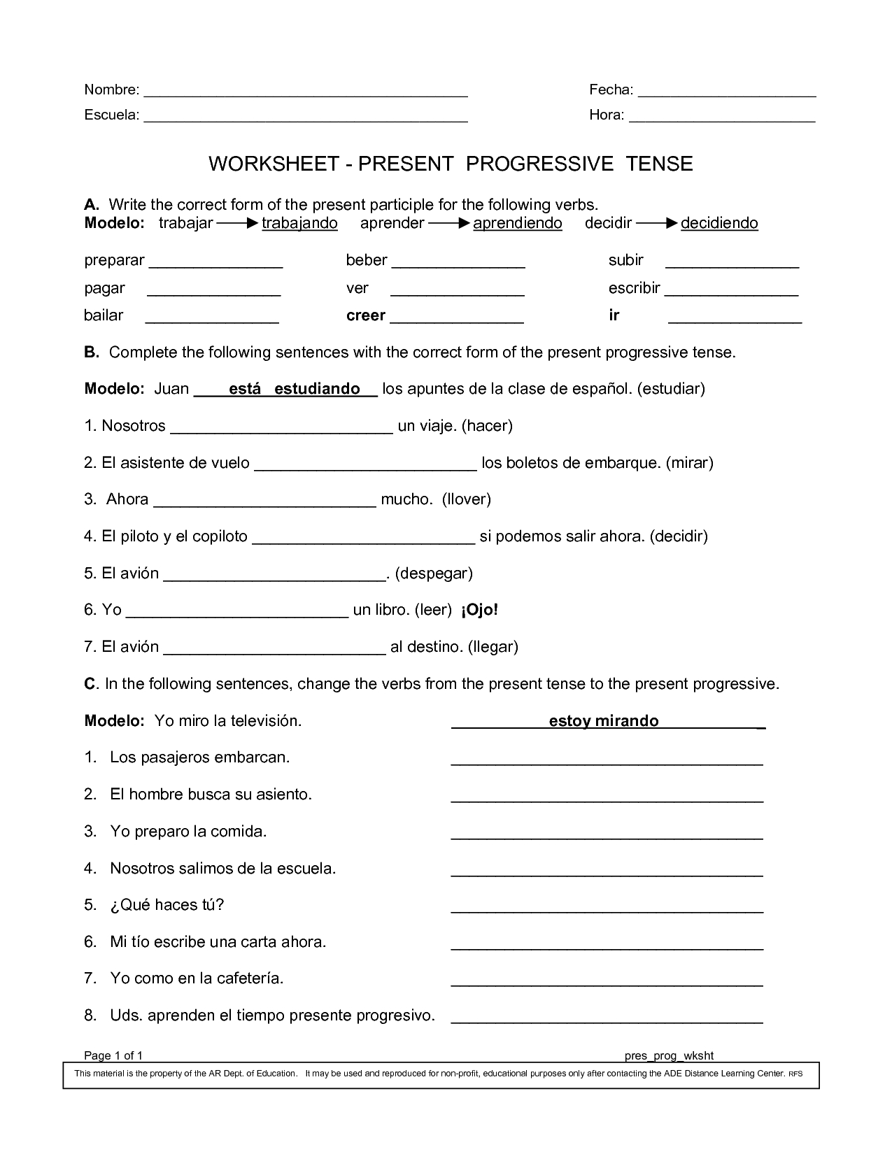 Spanish Worksheets Printables | Present Progressive Worksheet | Present Progressive Worksheets Printable