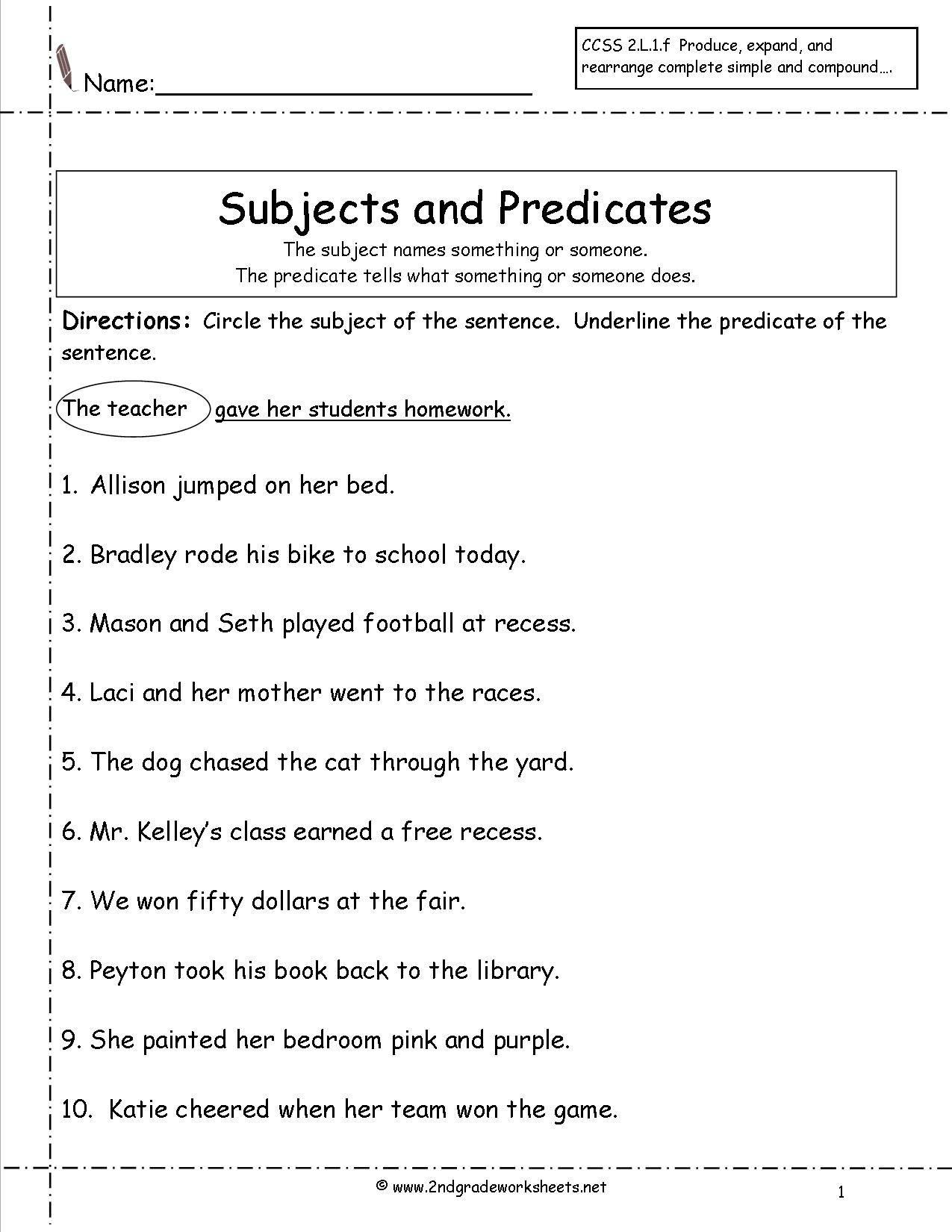 Subject And Predicate Worksheet Grade 1