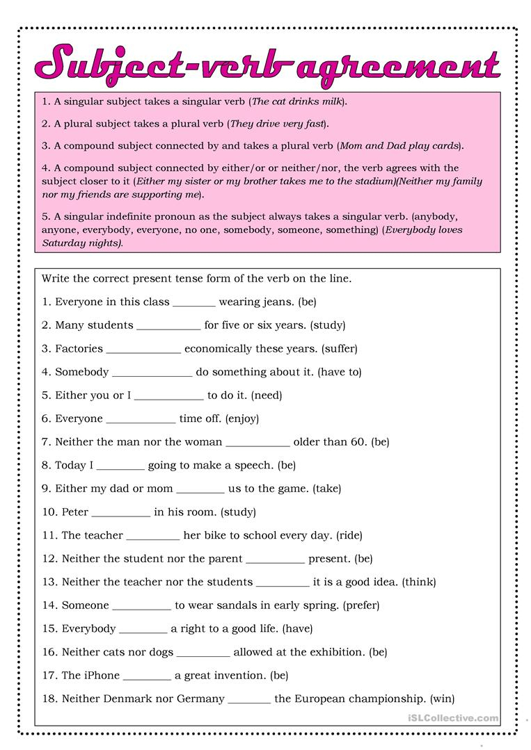 Easy Subject Verb Agreement Worksheets