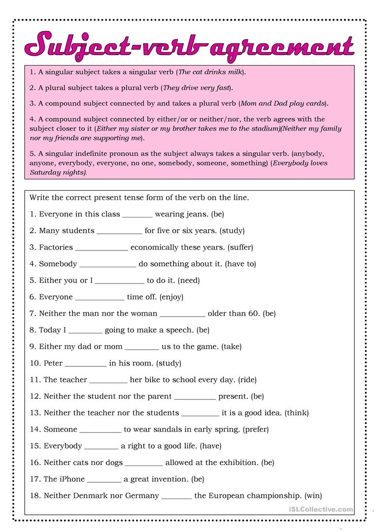 Subject-Verb Agreement Worksheet - Free Esl Printable Worksheets | Subject Verb Agreement Printable Worksheets High School