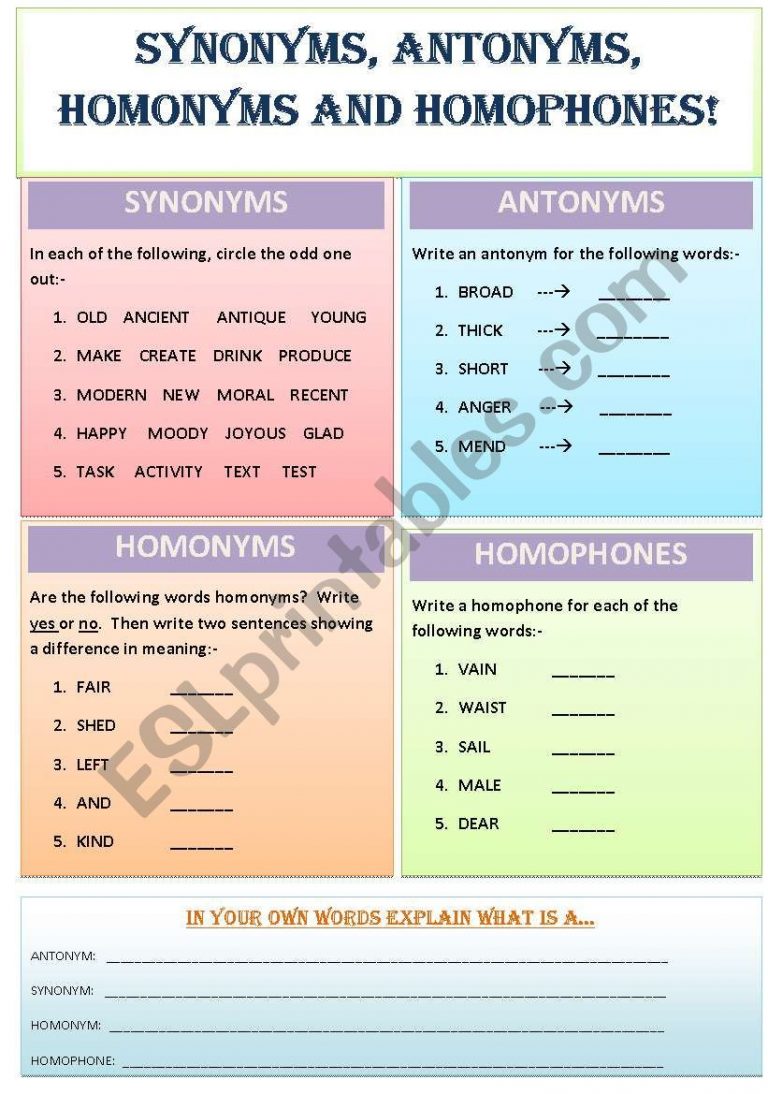 Homonyms Antonyms And Synonyms Worksheets