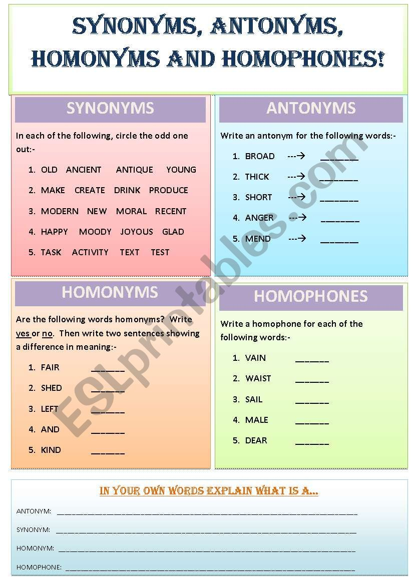 Synonyms, Antonyms, Homonyms And Homophones - Esl Worksheetmws1911 | Free Printable Worksheets Synonyms Antonyms And Homonyms