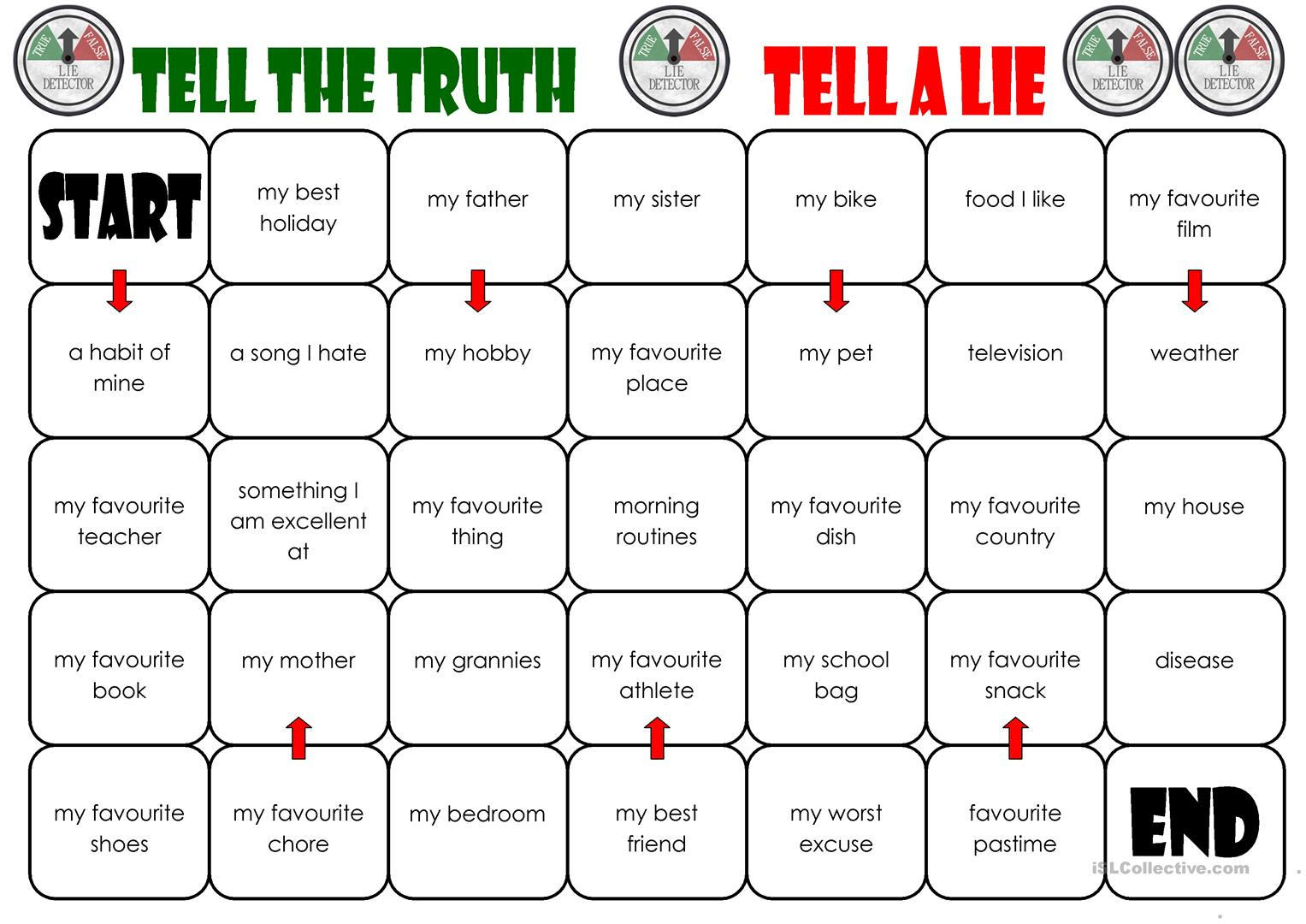 Tell The Truth/tell A Lie Board Game Worksheet - Free Esl Printable | Two Truths And A Lie Worksheet Printable
