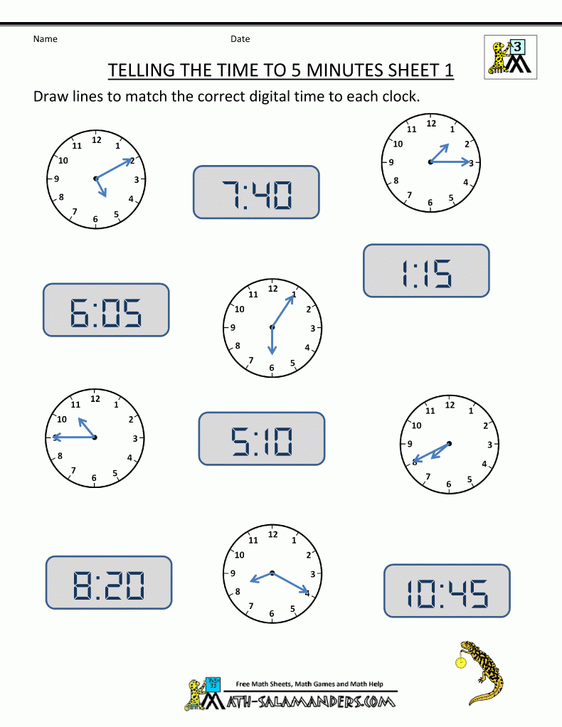 Telling Time Clock Worksheets To 5 Minutes | Free Printable Time Worksheets For Grade 3