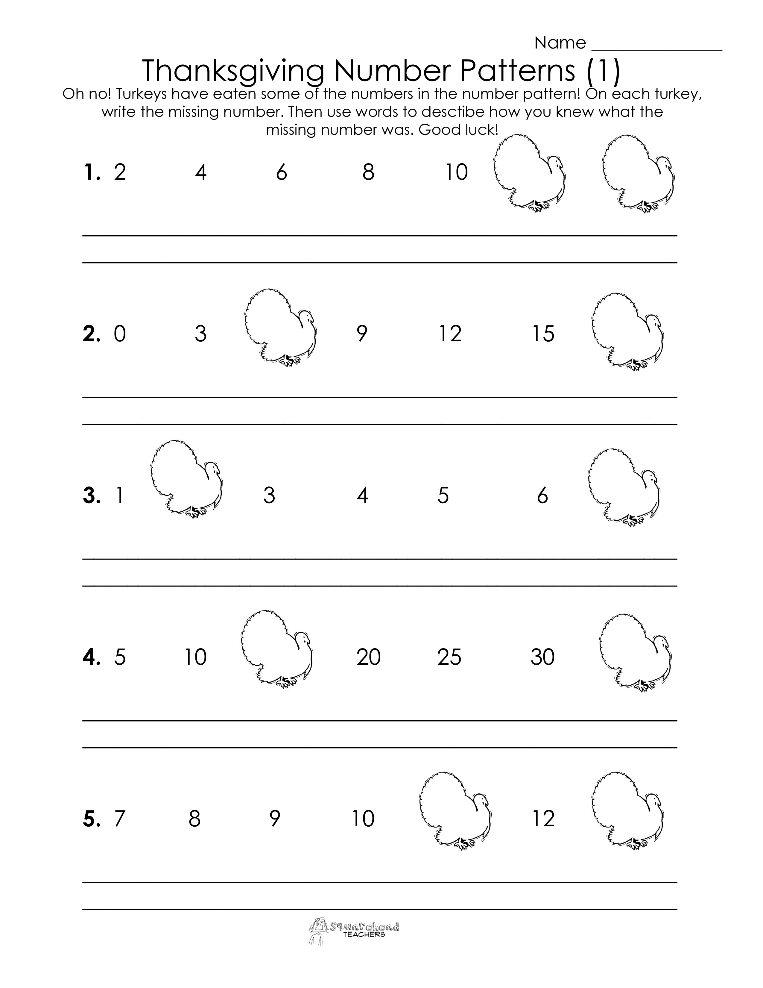 Thanksgiving Number Patterns (Free Worksheets!) | Squarehead Teachers | Printable Number Pattern Worksheets