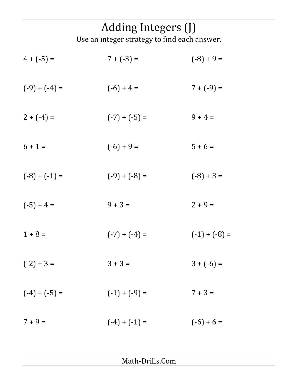 The Adding Integers From (-9) To 9 (Negative Numbers In Parentheses | Positive And Negative Numbers Worksheets Printable