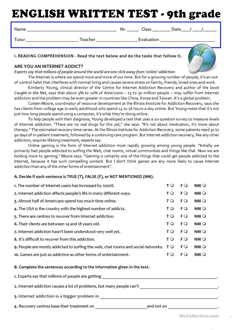 The Internet (Test 9Th Grade - A2/b1) Worksheet - Free Esl Printable | 9Th Grade English Worksheets Free Printable