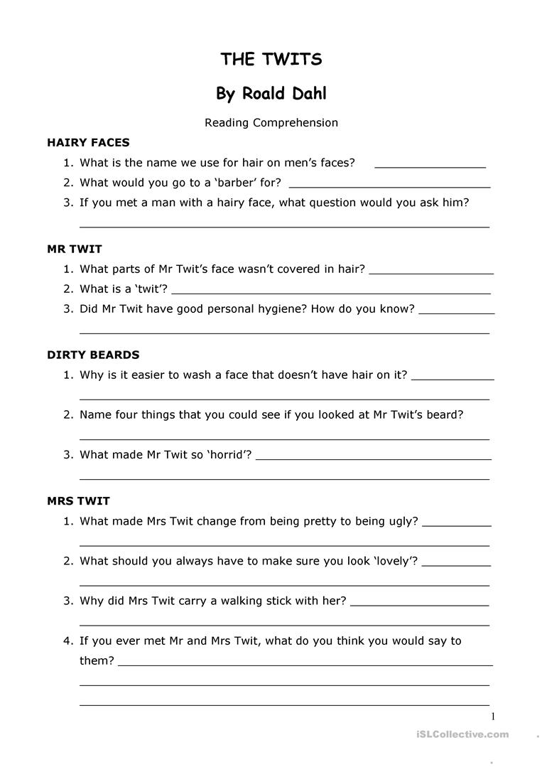 The Twits&amp;#039;roald Dahl Reading Comprehension Worksheet - Free Esl | Comprehension Worksheets Ks1 Printable