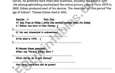 Thomas Edison - Esl Worksheetmrfateh | Thomas Edison Printable Worksheets