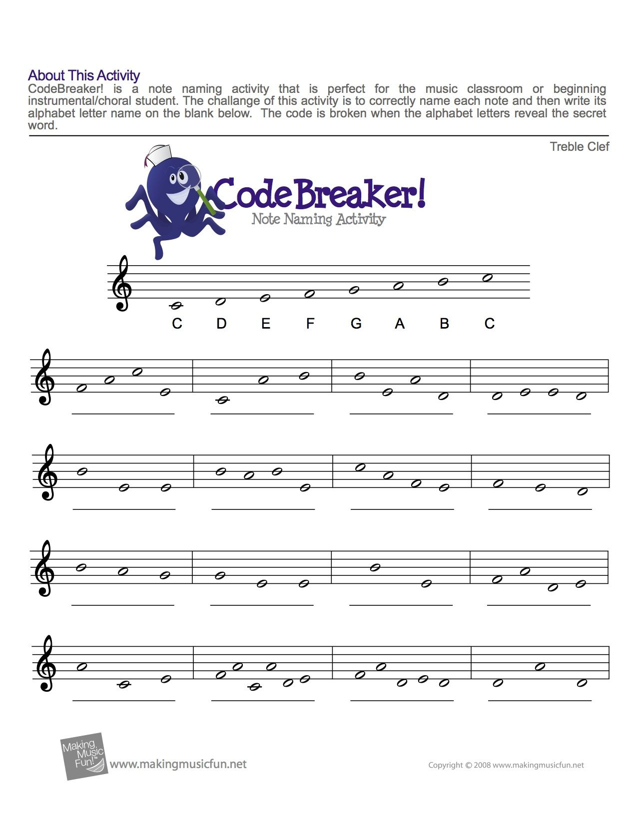 Treble Clef Fun Note Reading | Easy Music Theory For Middle School | Reading Music Worksheets Printable