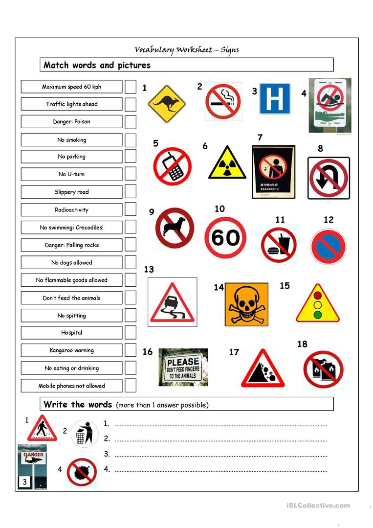 Vocabulary Matching Worksheet - Signs Worksheet - Free Esl Printable | Free Printable Traffic Signs Worksheets