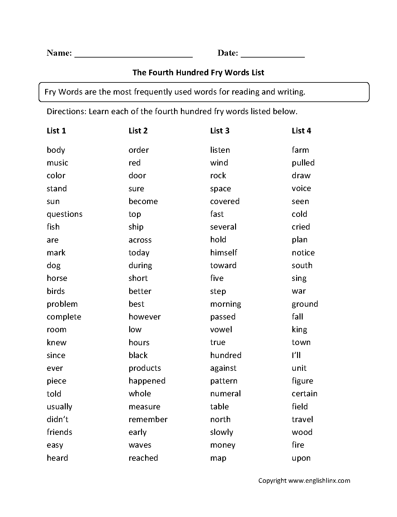 Vocabulary Worksheets | Fry Words Worksheets | 6Th Grade Vocabulary Worksheets Printable