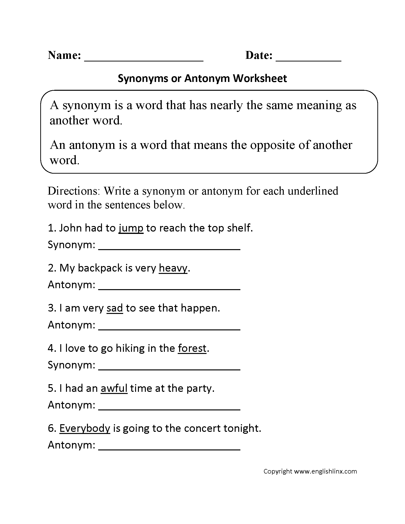 Synonyms And Antonyms Worksheets