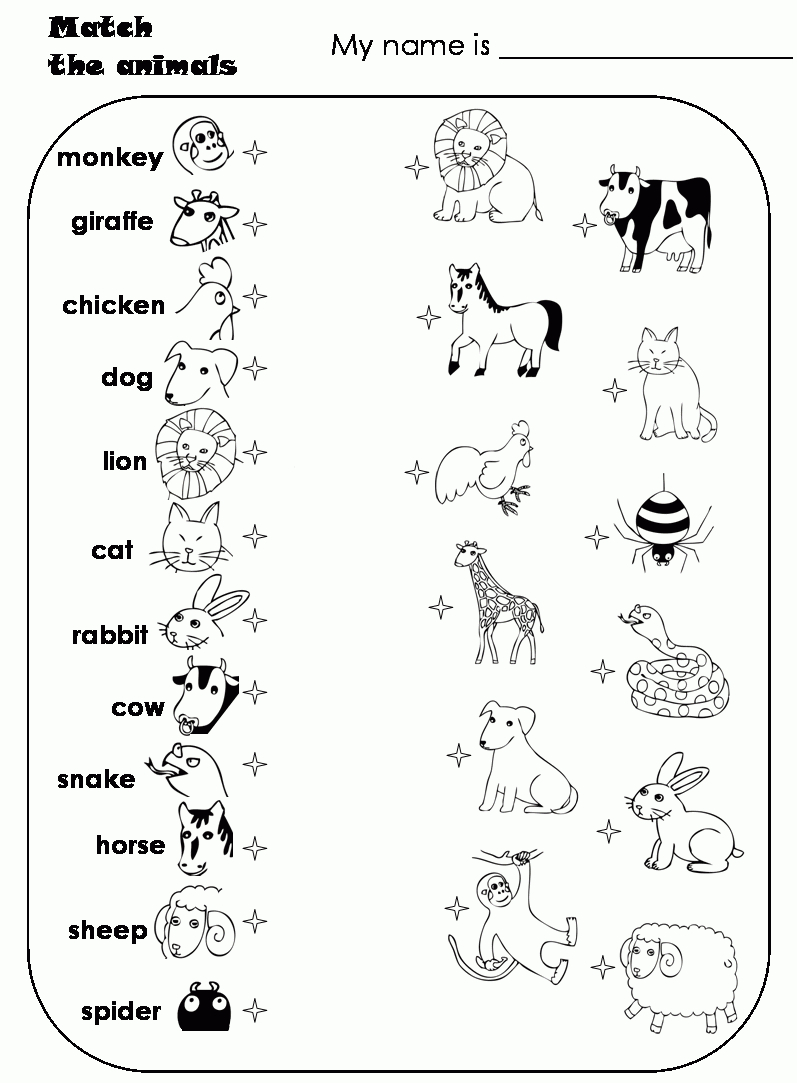 Worksheets For Preschoolers- Matching Animals | Match The Animals | Los Animales Printable Worksheets
